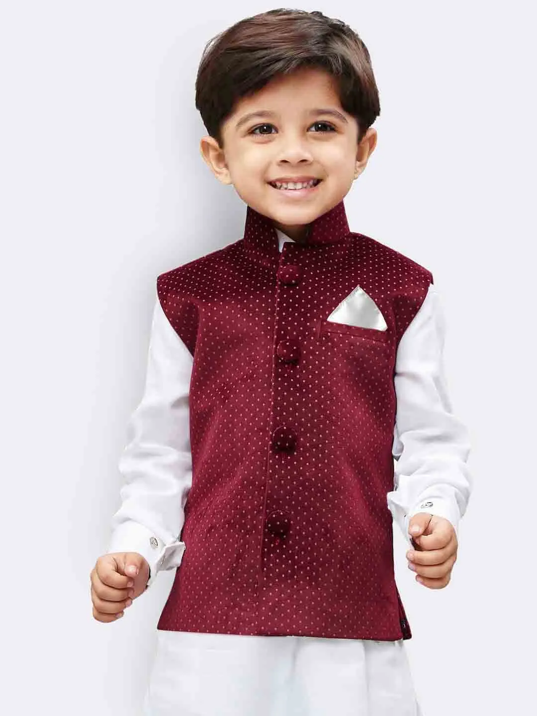 Jashvi Boys' Maroon Velvet Nehru Jackets