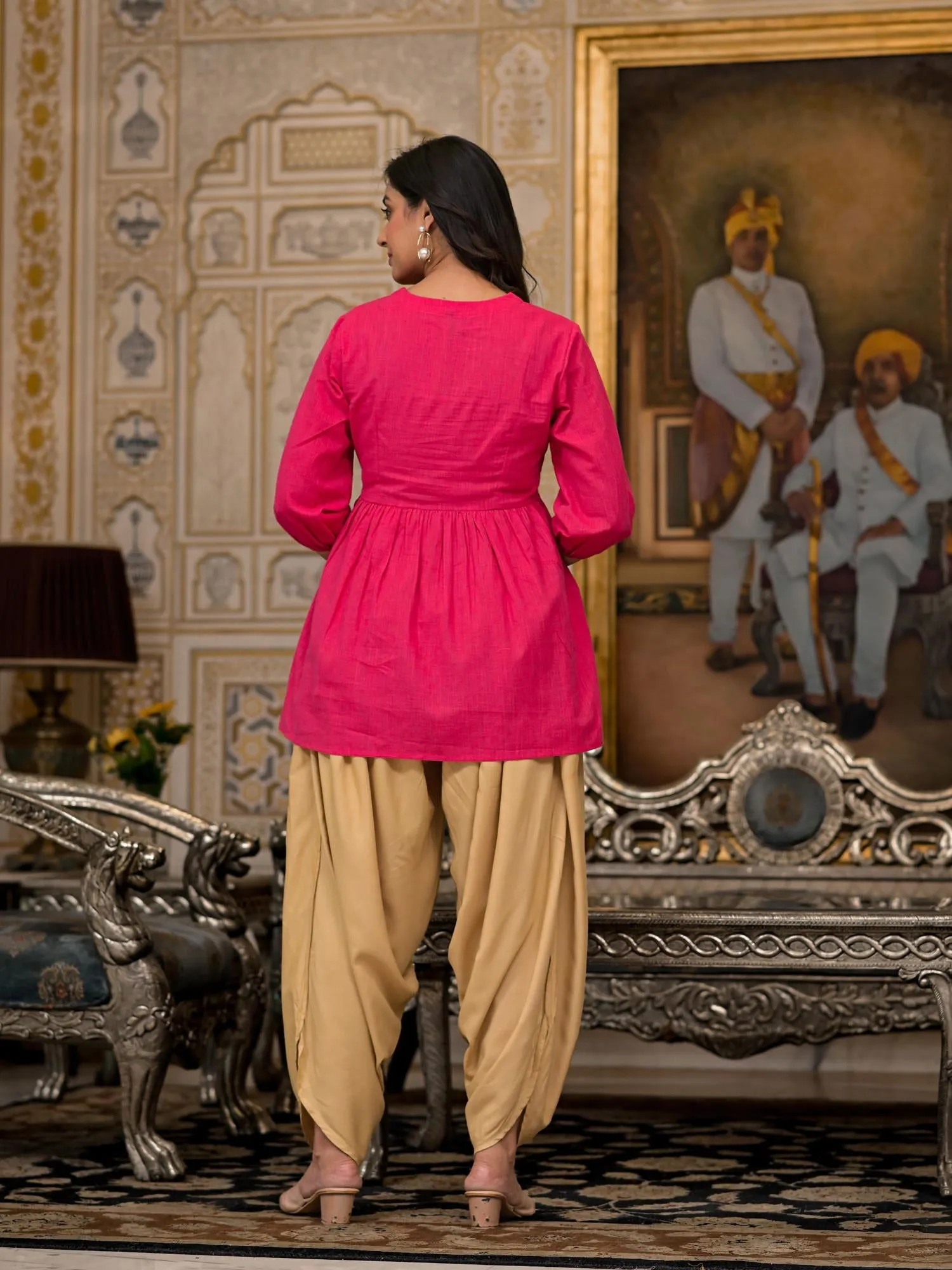 Jashvi Fuchsia Embroidered Cotton Women Tunic And Pant Co-Ord Set With Mirror & Zari Work