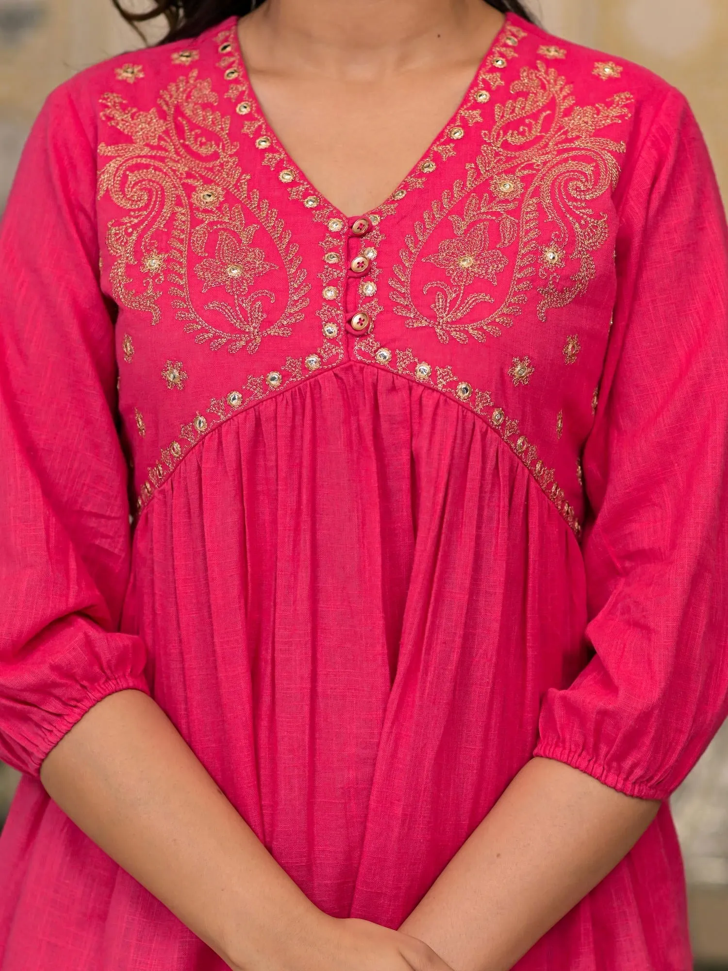 Jashvi Fuchsia Embroidered Cotton Women Tunic And Pant Co-Ord Set With Mirror & Zari Work