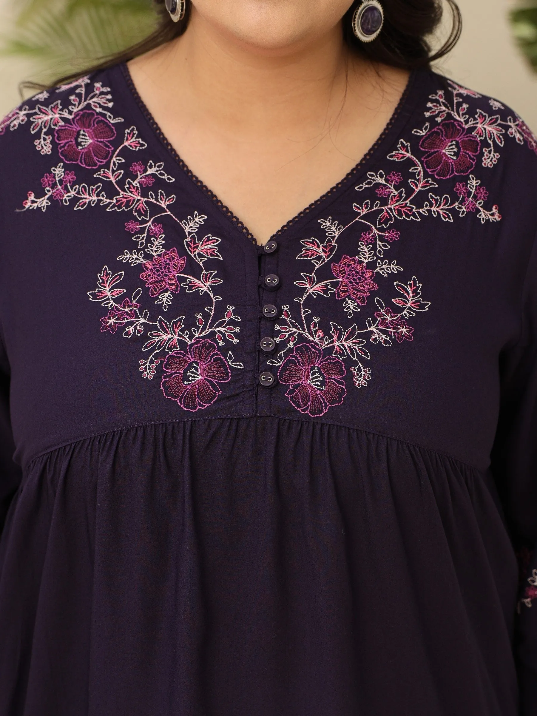 Jashvi Purple Modal Rayon Floral Embroidered Alia Cut Plus Size Tunic