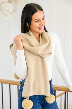 Knitted Fuzzy Pom Pom Scarf In Beige