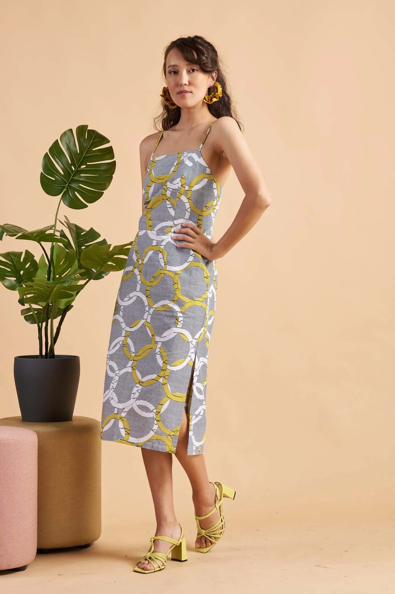 Kokumo Spaghetti strap midi dress - White/Yellow Union Print