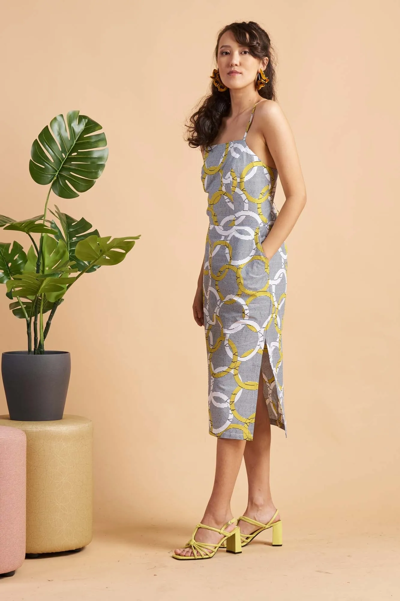 Kokumo Spaghetti strap midi dress - White/Yellow Union Print