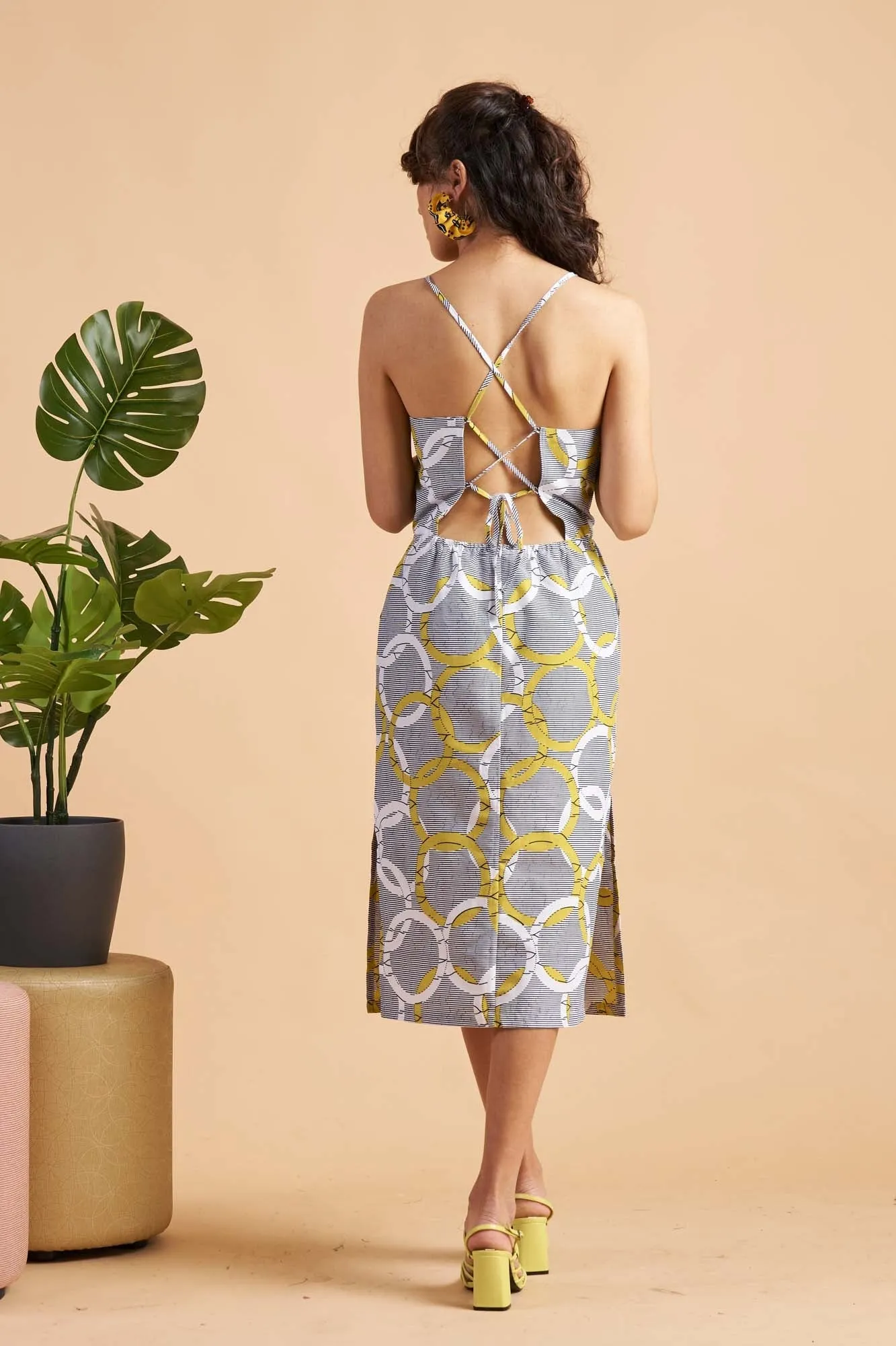 Kokumo Spaghetti strap midi dress - White/Yellow Union Print