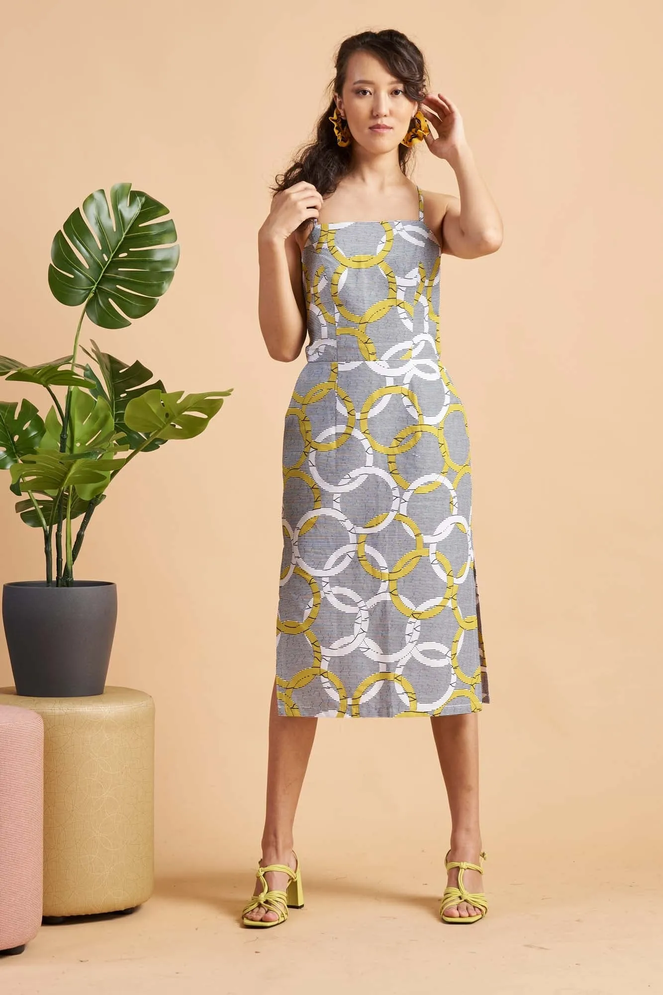 Kokumo Spaghetti strap midi dress - White/Yellow Union Print