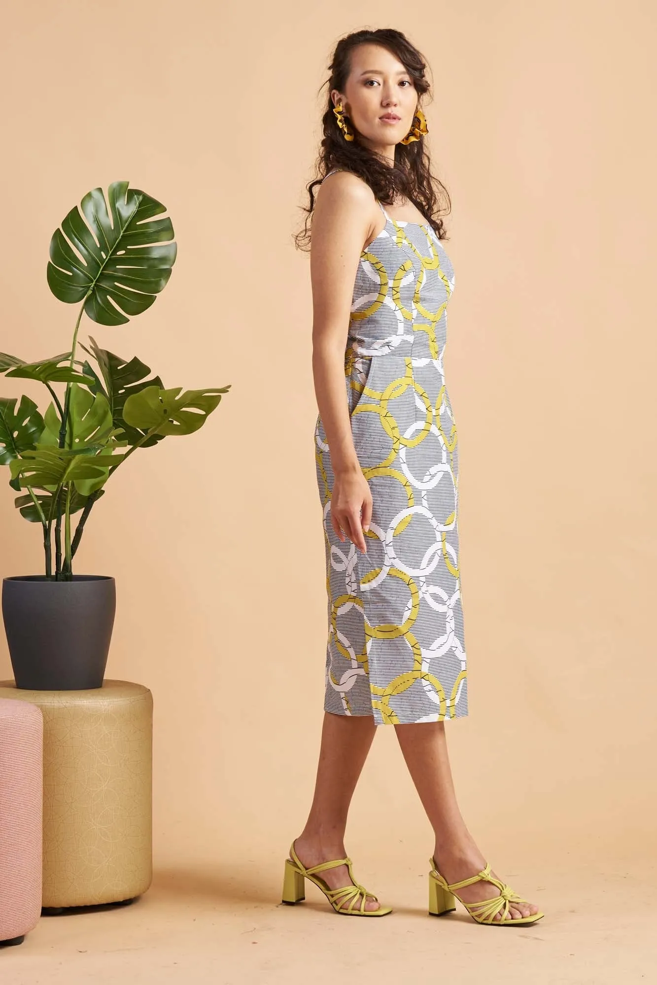 Kokumo Spaghetti strap midi dress - White/Yellow Union Print