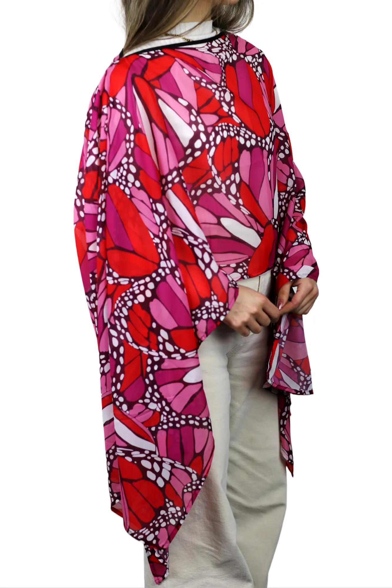 La Fiorentina Butterfly Wings Print Poncho - 100% Polyester - Fuchsia