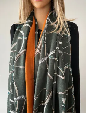 LARGE KHAKI GREEN CONTEMPORARY BUCKLE PRINT PASHMINA SHAWL SCARF