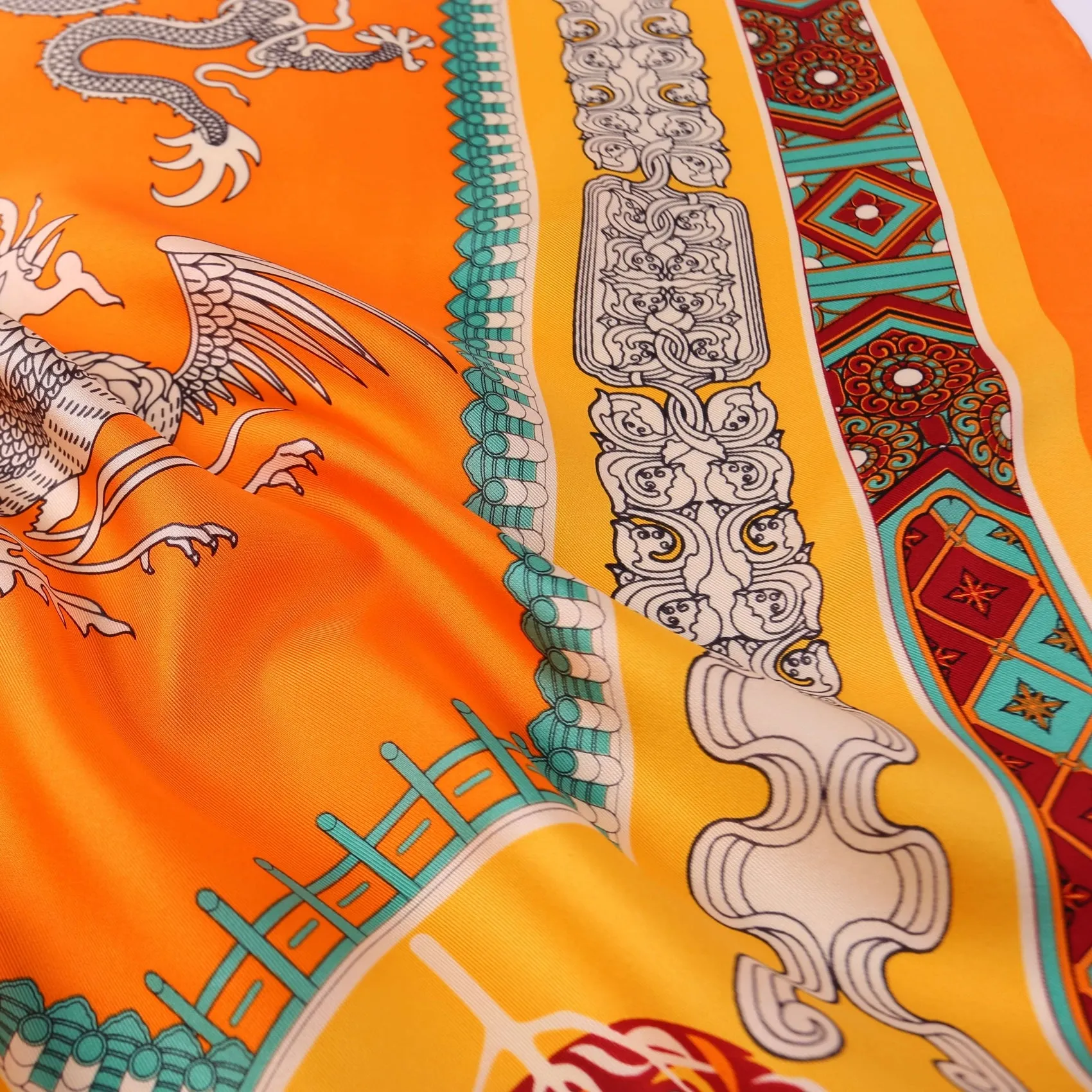 Large Square Silk Scarf Golden Dragon Orange