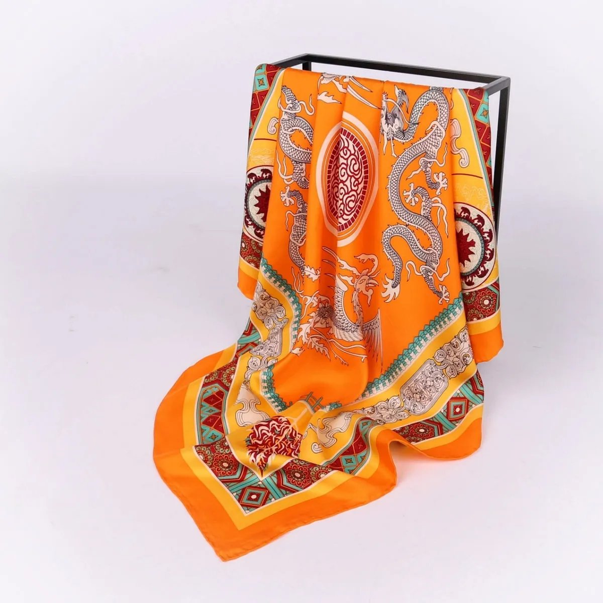 Large Square Silk Scarf Golden Dragon Orange