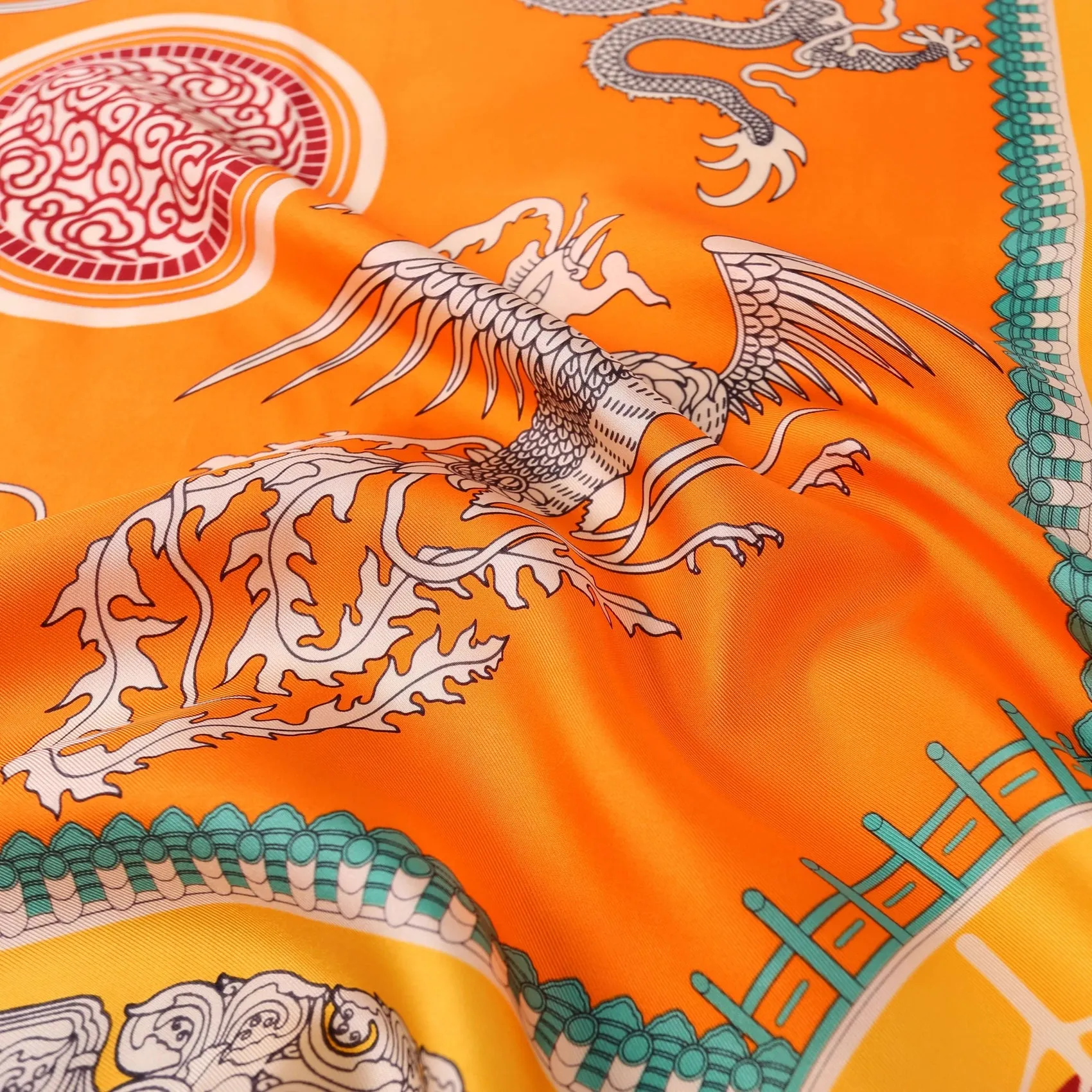 Large Square Silk Scarf Golden Dragon Orange