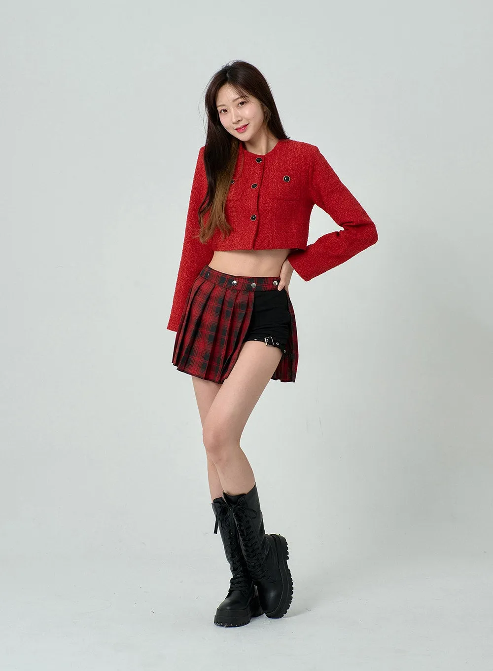 Layered Plaid Pleated Mini Skirt And Short Pants BN22