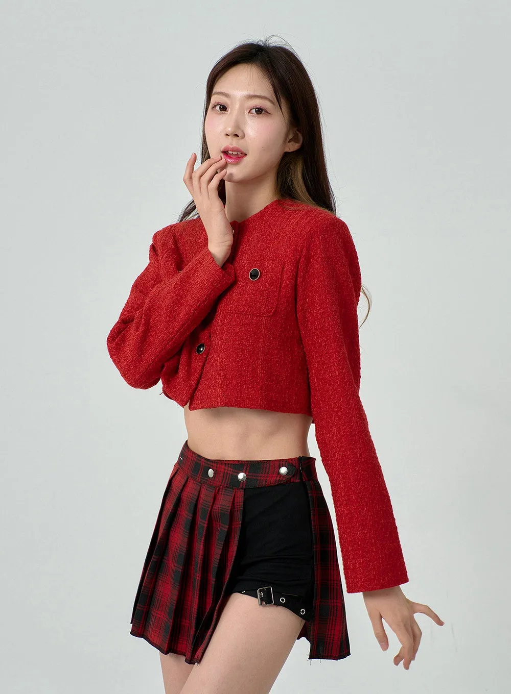 Layered Plaid Pleated Mini Skirt And Short Pants BN22