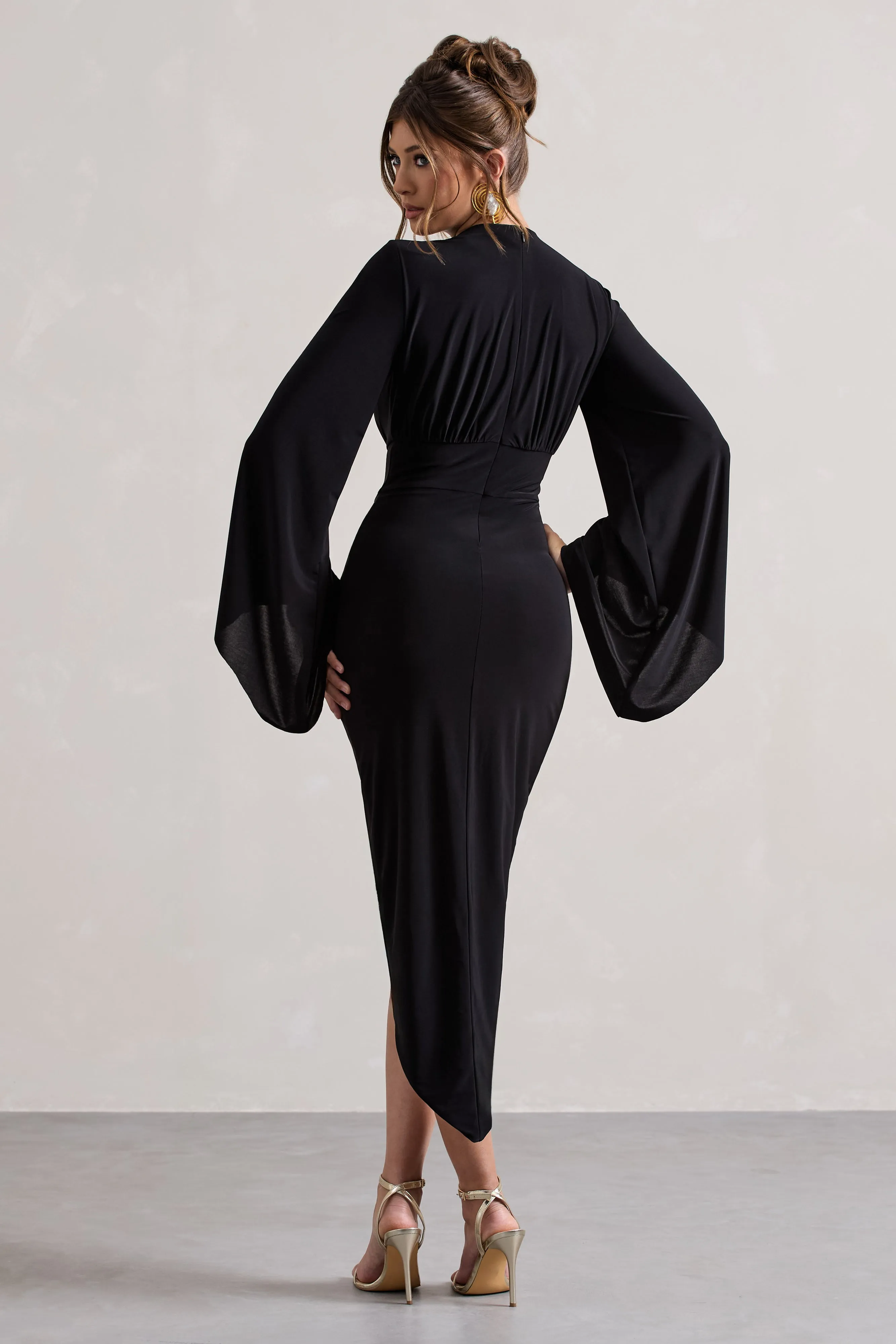 Lennox | Black Drape-Sleeve Gathered Midi Dress