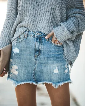 Light Blue Frayed Raw Hem Distressed Denim Mini Skirt