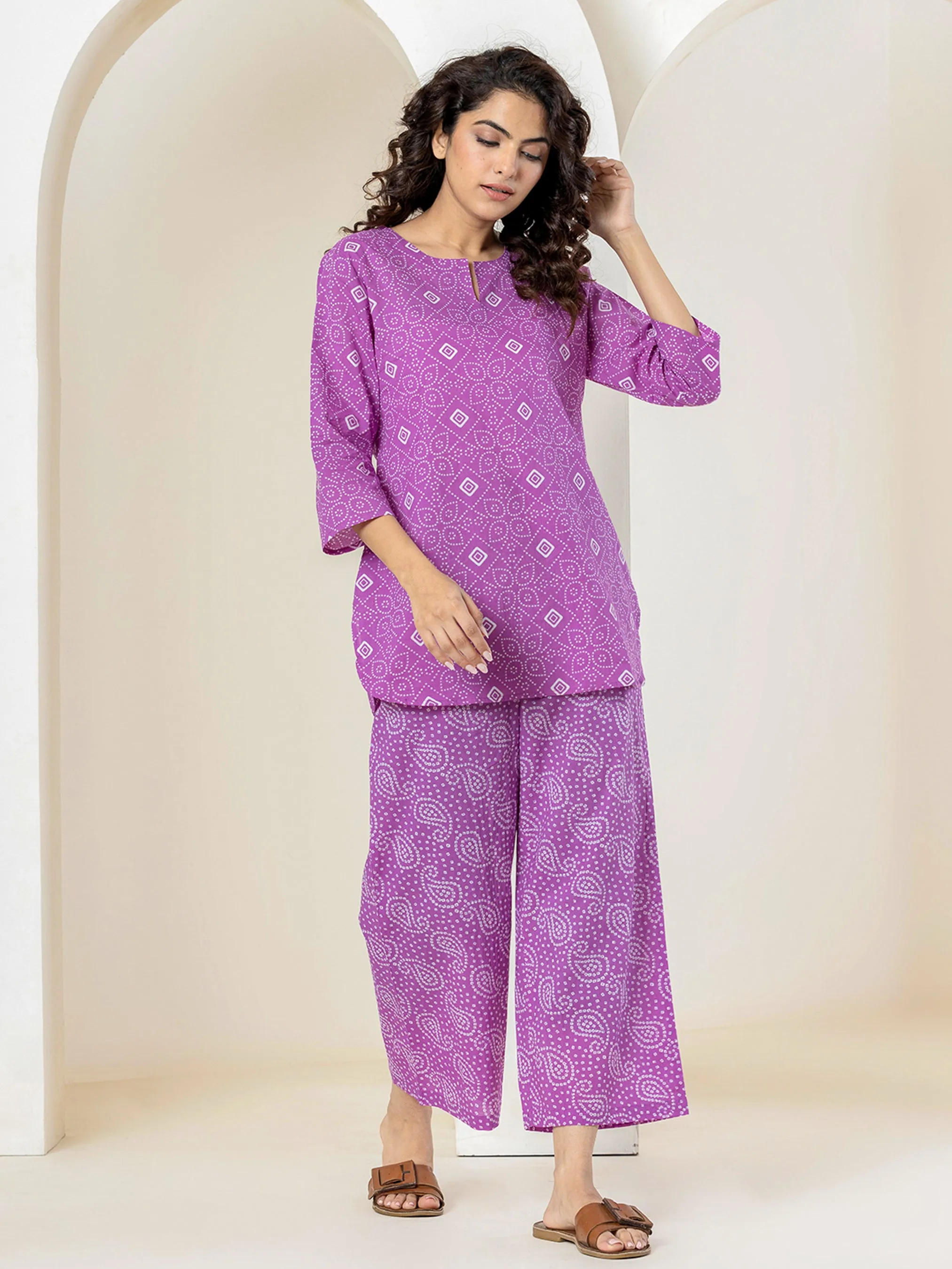 Lilac Leheriya Pure Cotton Hand Printed Loungewear