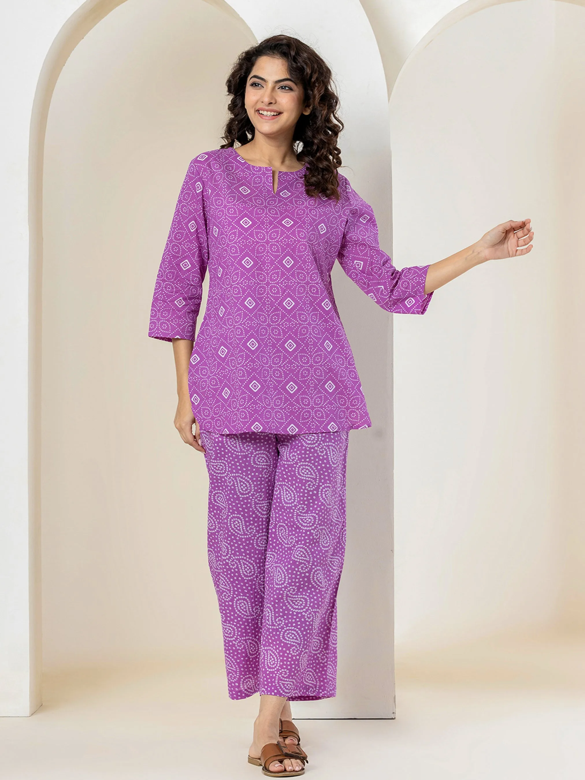 Lilac Leheriya Pure Cotton Hand Printed Loungewear