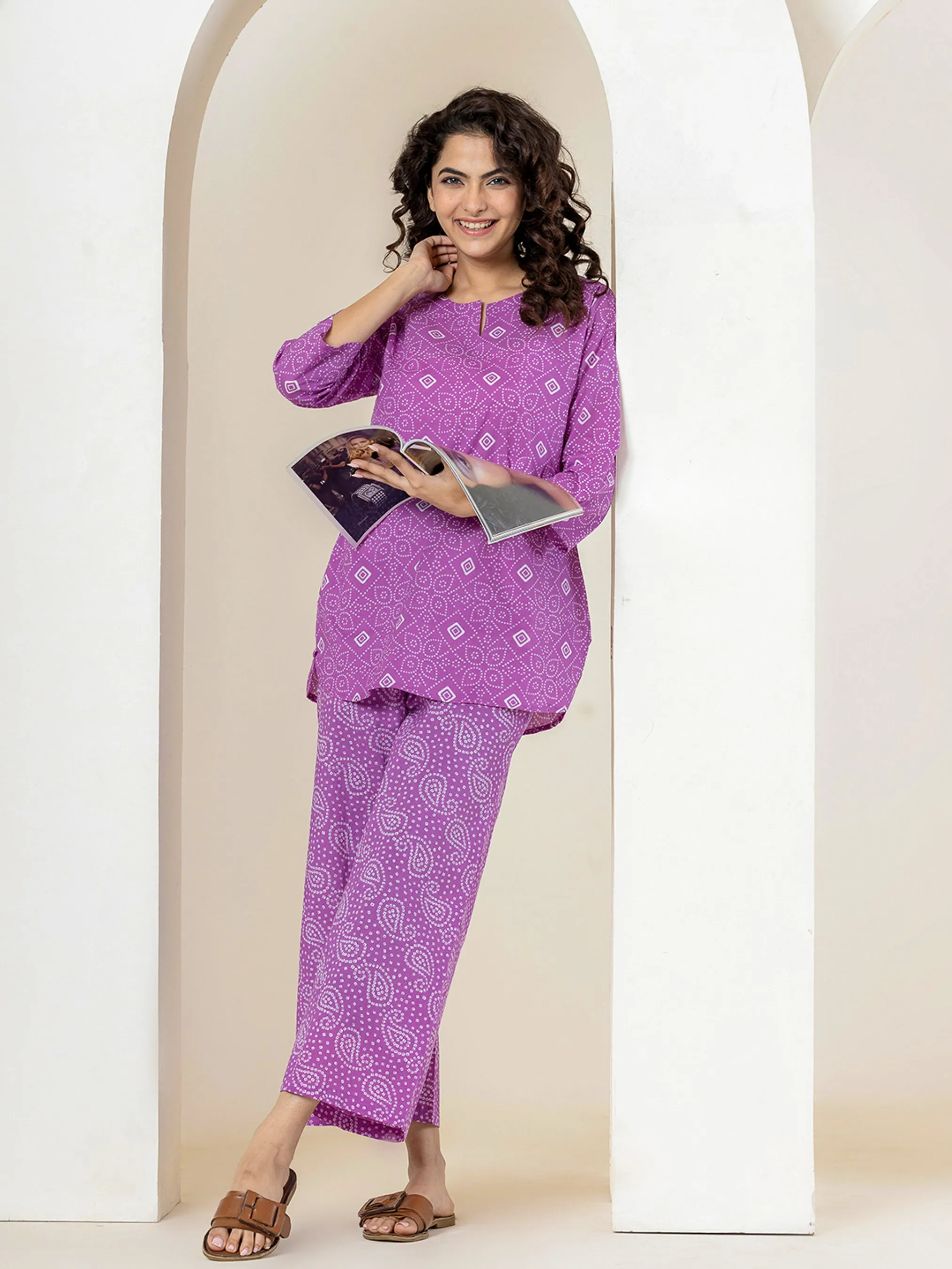 Lilac Leheriya Pure Cotton Hand Printed Loungewear