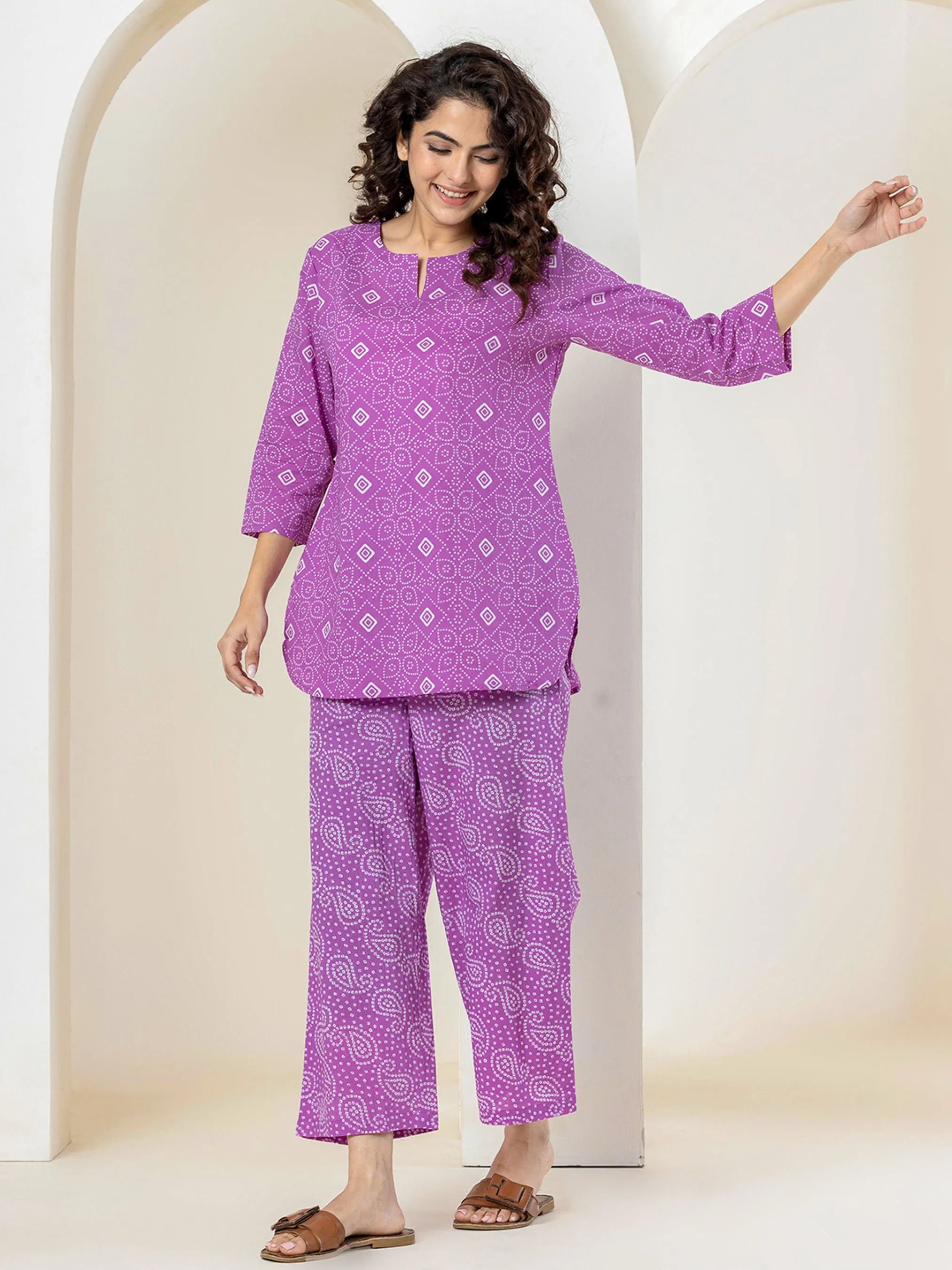 Lilac Leheriya Pure Cotton Hand Printed Loungewear