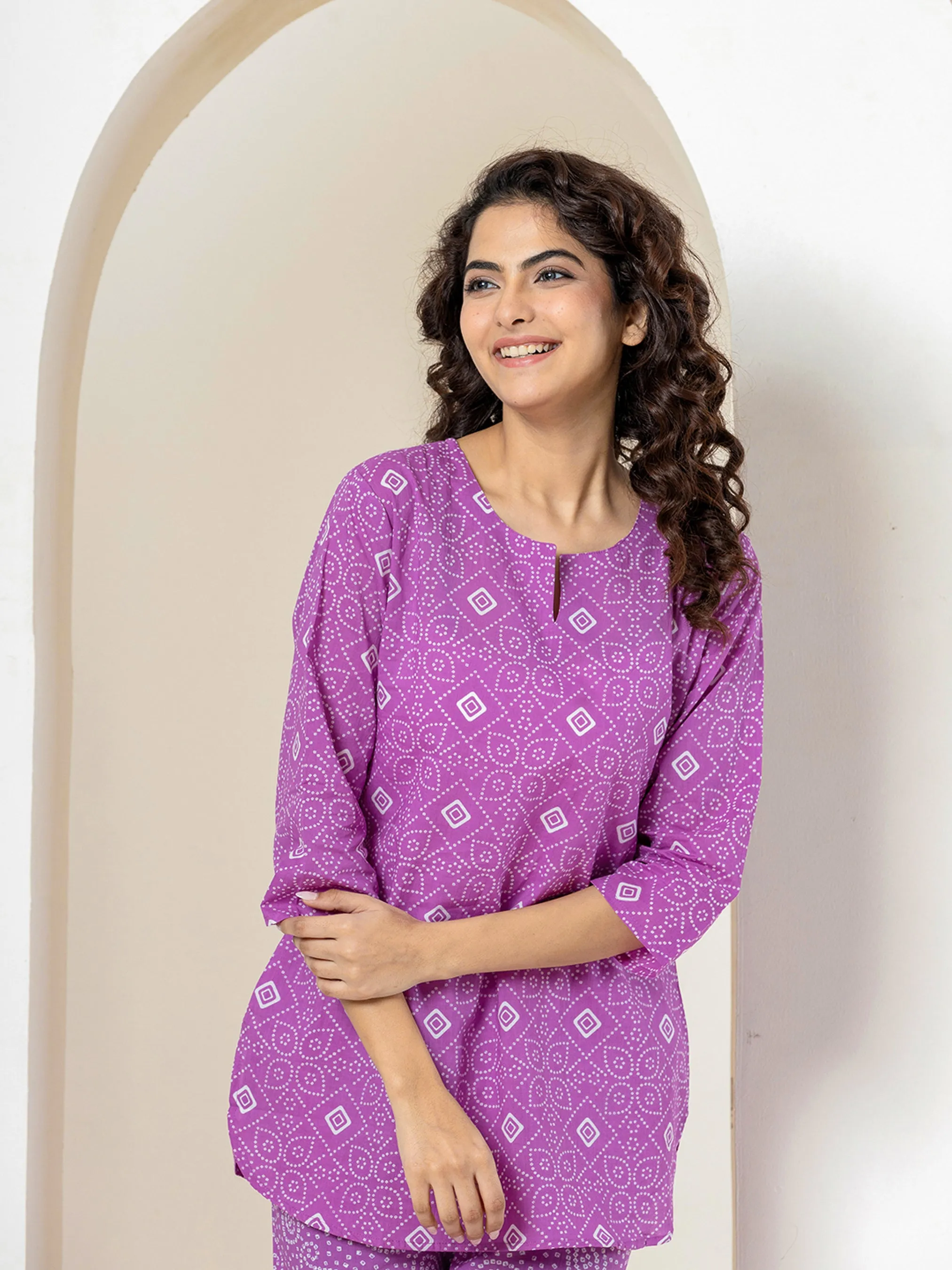 Lilac Leheriya Pure Cotton Hand Printed Loungewear