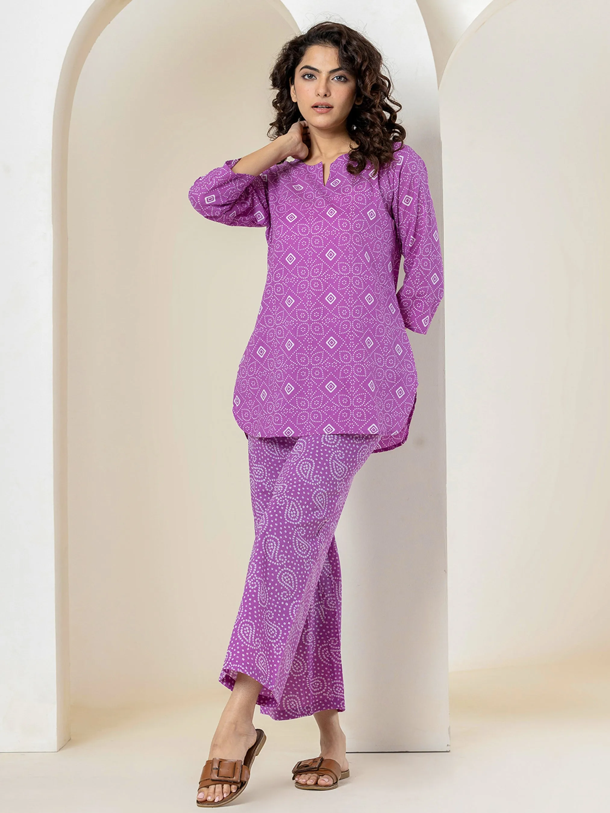 Lilac Leheriya Pure Cotton Hand Printed Loungewear