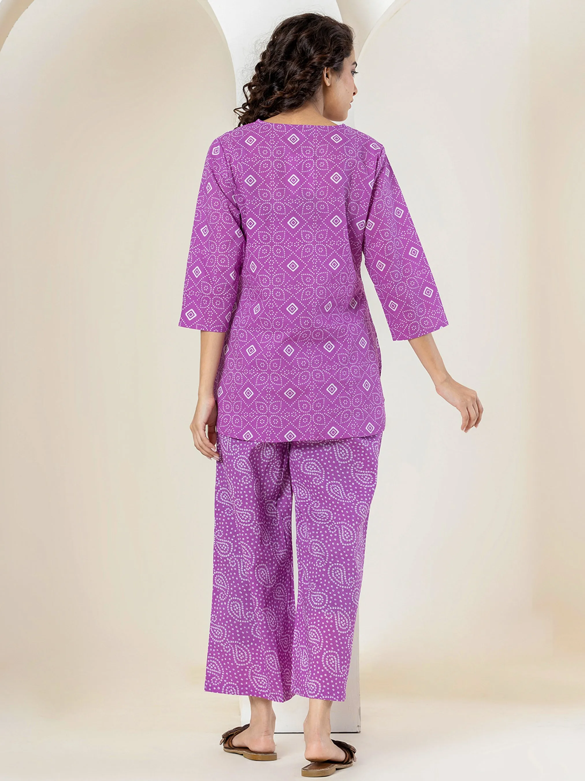 Lilac Leheriya Pure Cotton Hand Printed Loungewear