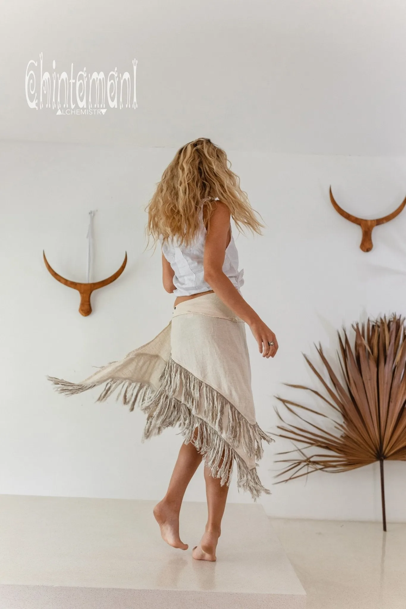 Linen Boho Wrap Skirt with Fringes / Cream