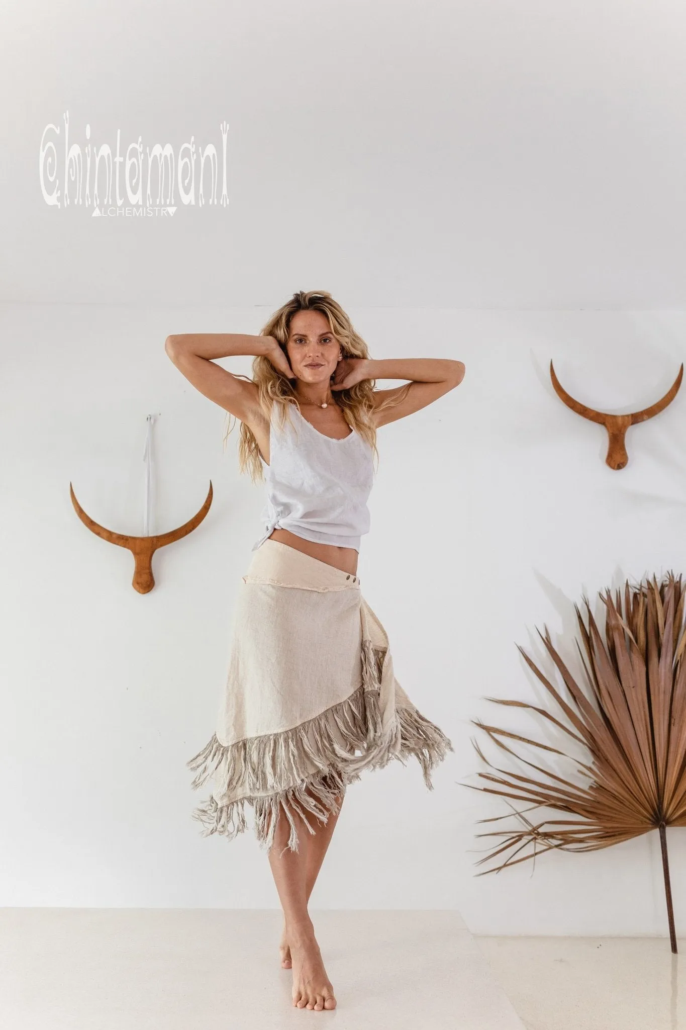 Linen Boho Wrap Skirt with Fringes / Cream