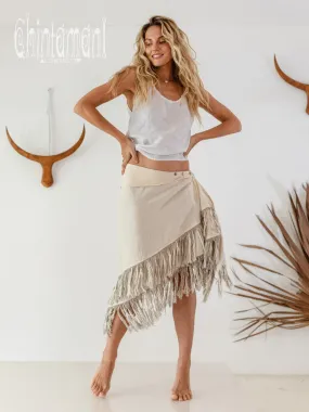 Linen Boho Wrap Skirt with Fringes / Cream