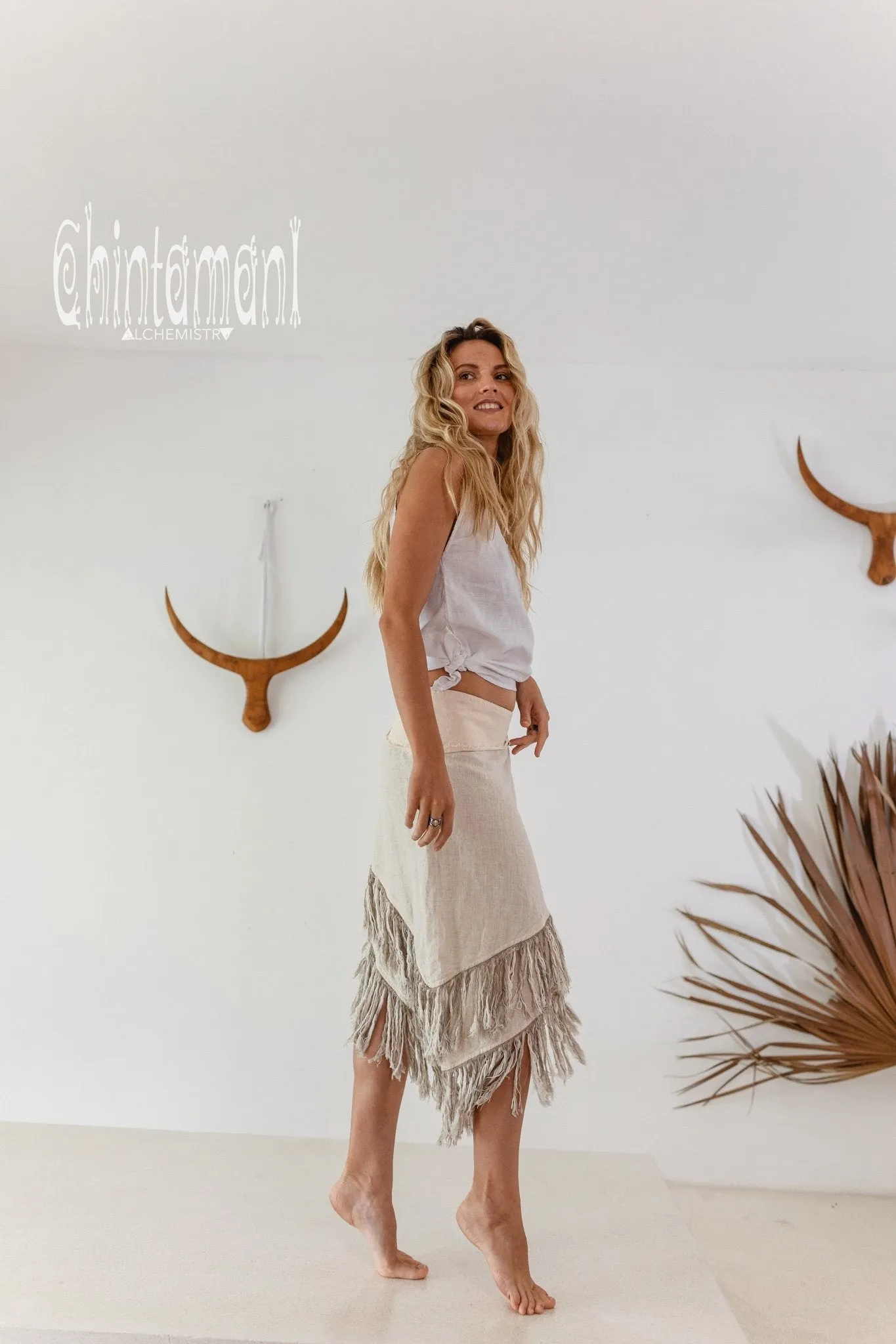 Linen Boho Wrap Skirt with Fringes / Cream