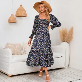 Long Sleeve Chiffon Square Neck Floral Dress