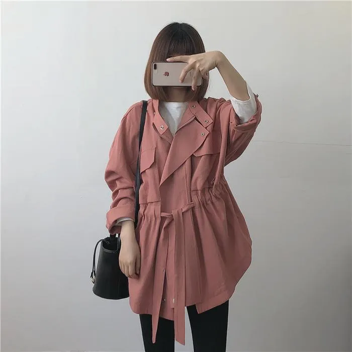 Loose Belted Front Pockets Snap-Buttons Short Trench Coat