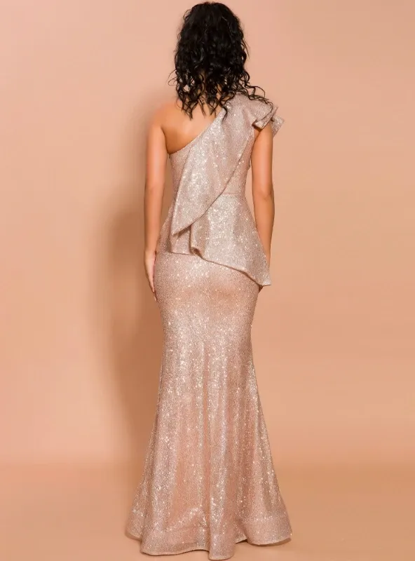 LOTUS LEAF BRIM SHOULDER SPARKLING SEQUINS FISHTAIL DRESS