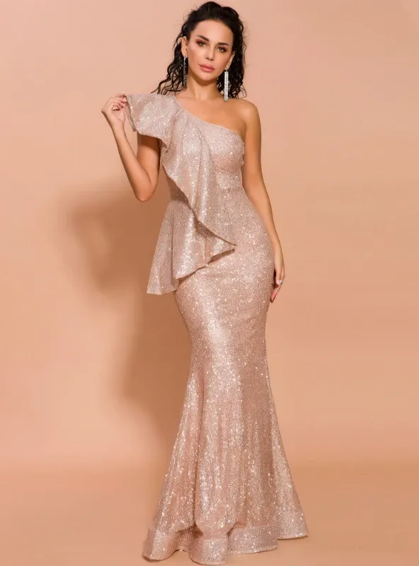 LOTUS LEAF BRIM SHOULDER SPARKLING SEQUINS FISHTAIL DRESS