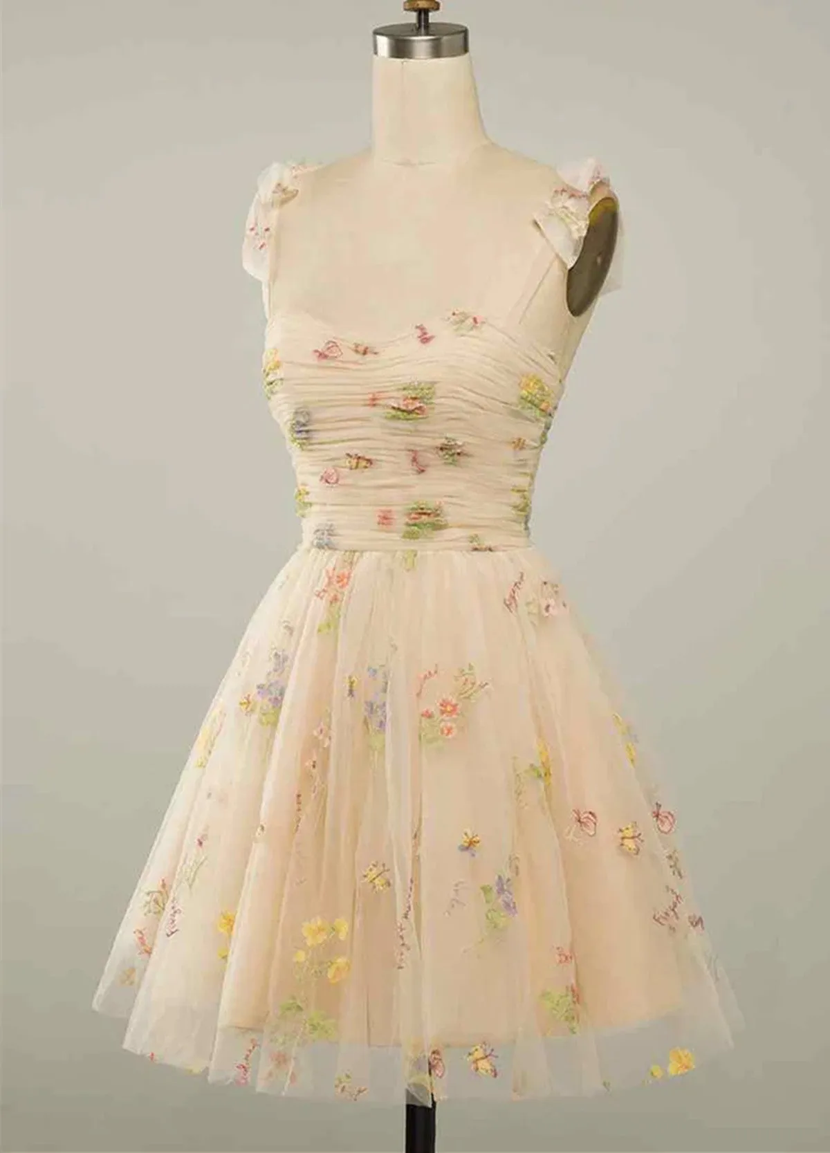 Lovely Light Champagne Floral Tulle Homecoming Dress, Short Prom Dress