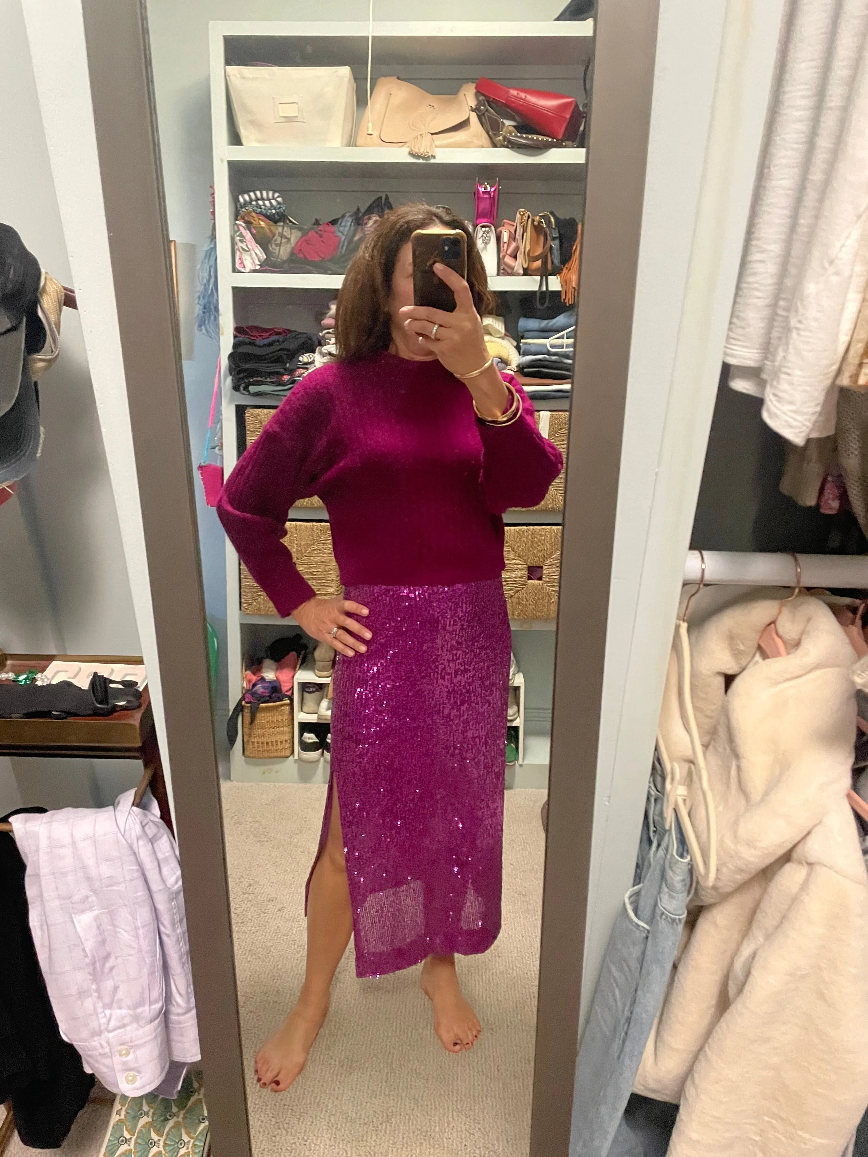 Magenta Sequin Midi Pencil Skirt