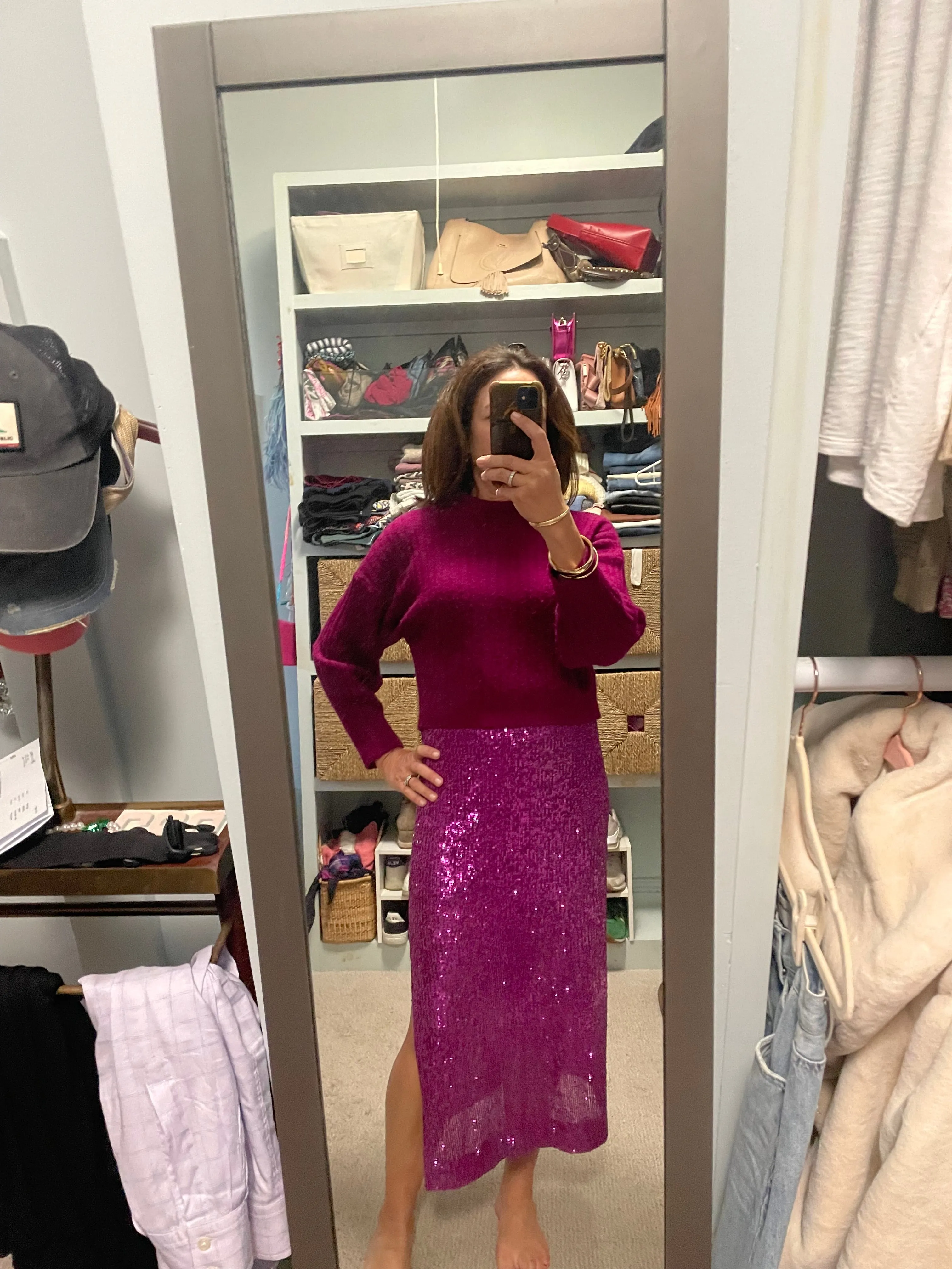 Magenta Sequin Midi Pencil Skirt