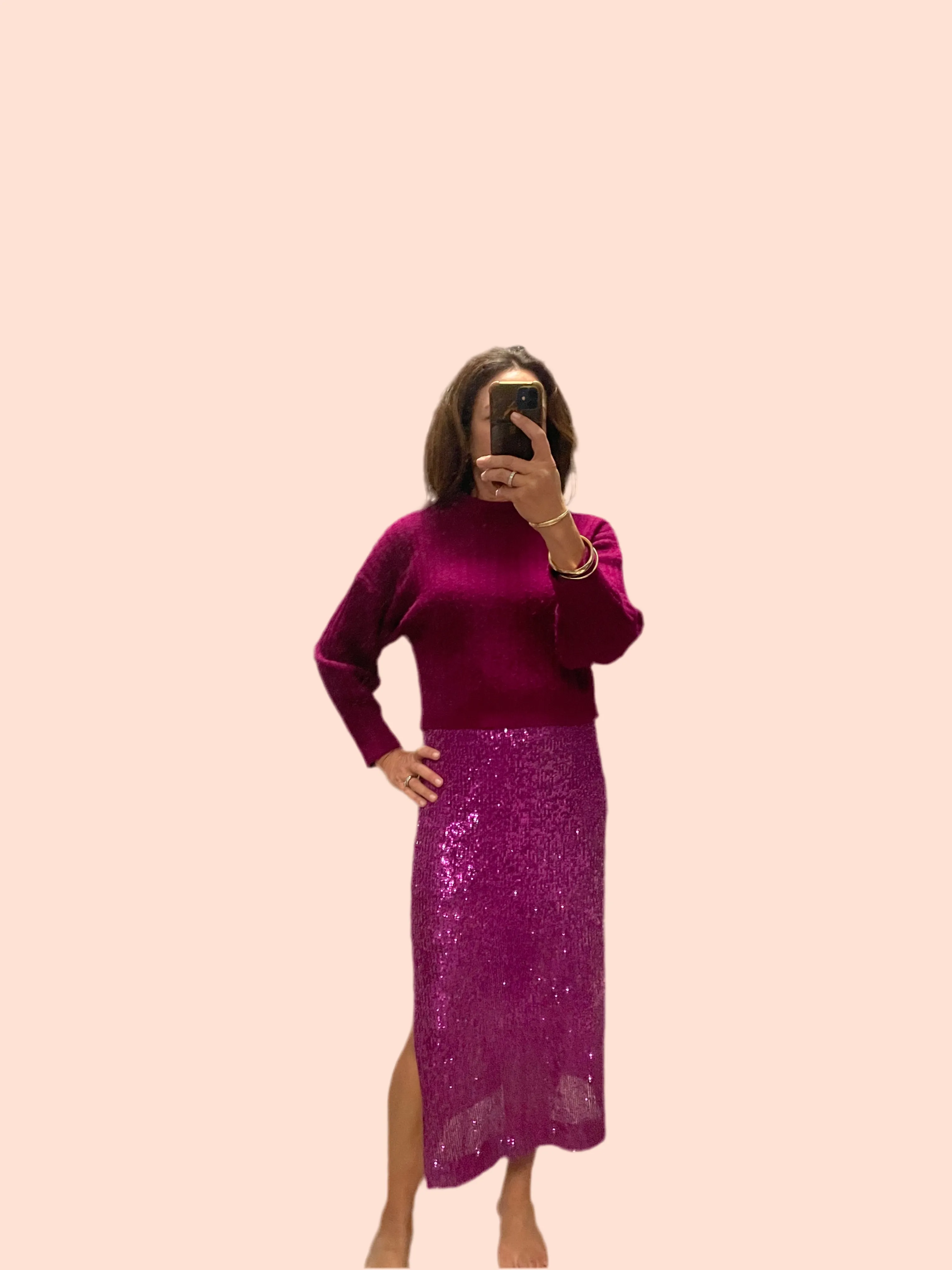 Magenta Sequin Midi Pencil Skirt