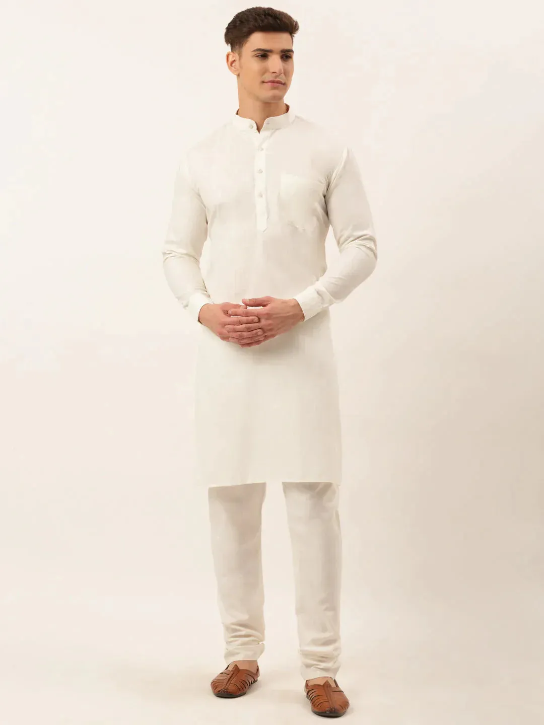 Men White Cotton Blend Kurta With Pyjamas & Yellow Embroidered Nehru Jacket