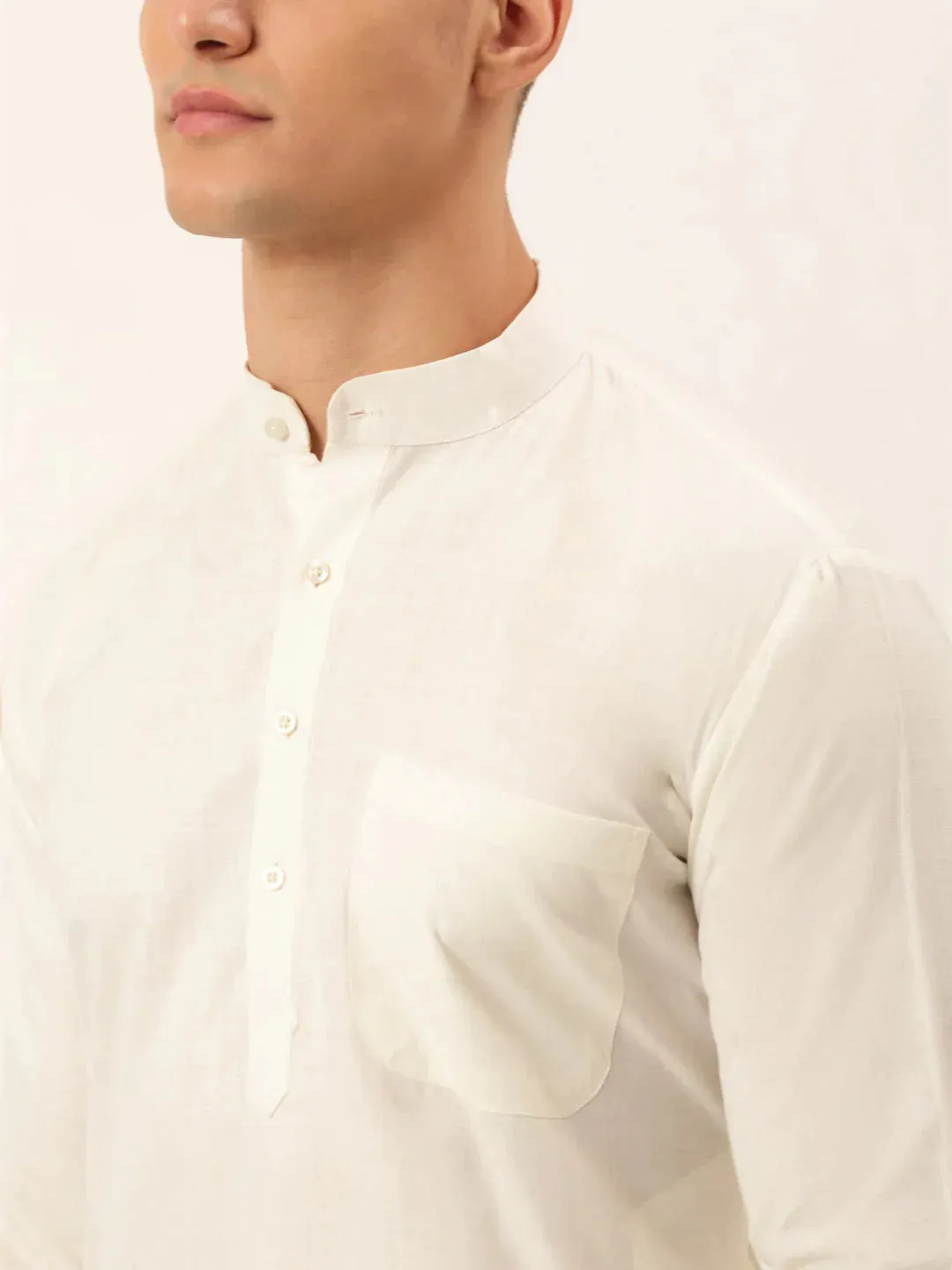 Men White Cotton Blend Kurta With Pyjamas & Yellow Embroidered Nehru Jacket