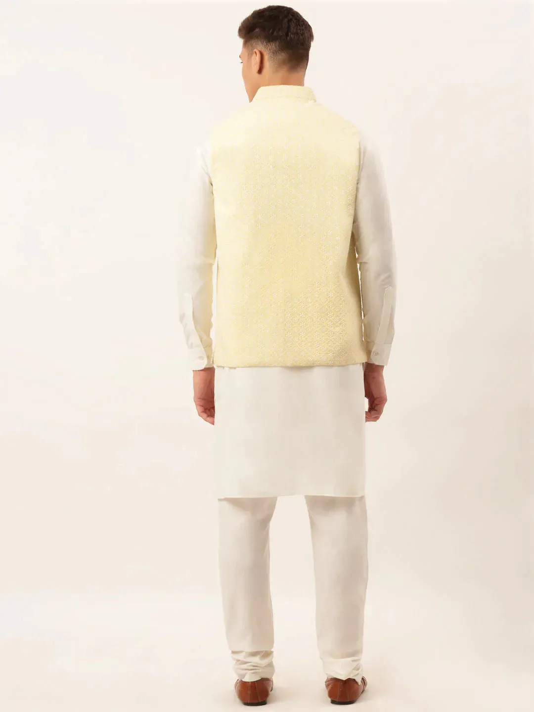 Men White Cotton Blend Kurta With Pyjamas & Yellow Embroidered Nehru Jacket