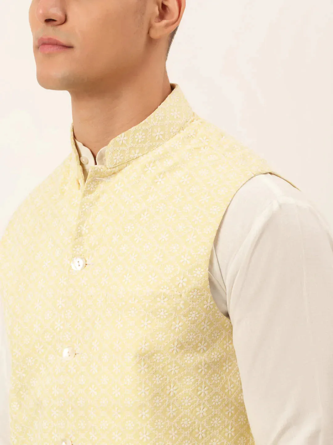 Men White Cotton Blend Kurta With Pyjamas & Yellow Embroidered Nehru Jacket