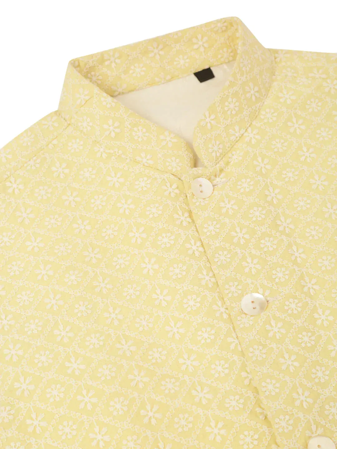 Men White Cotton Blend Kurta With Pyjamas & Yellow Embroidered Nehru Jacket