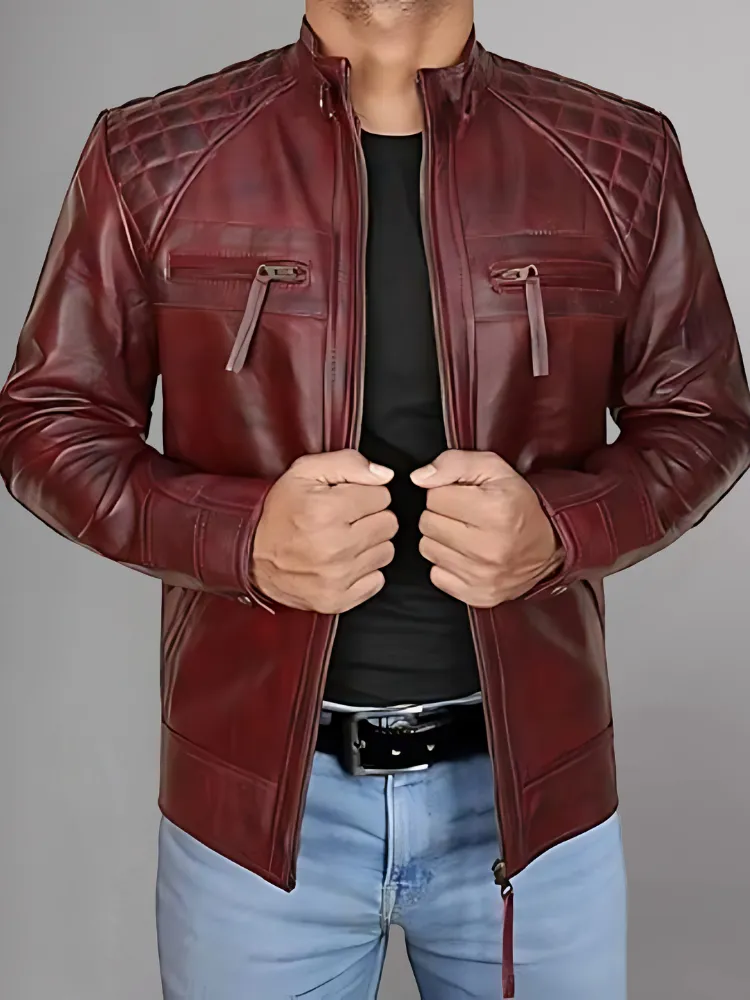 Mens Black and Maroon Quilted Cafe Racer Leather Jacket