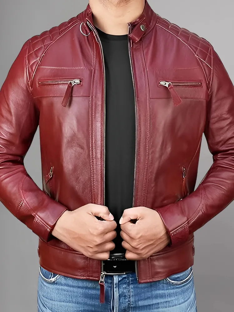 Mens Black and Maroon Quilted Cafe Racer Leather Jacket