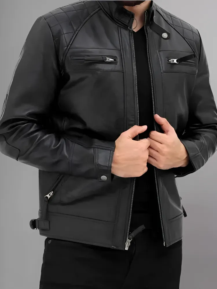 Mens Black and Maroon Quilted Cafe Racer Leather Jacket