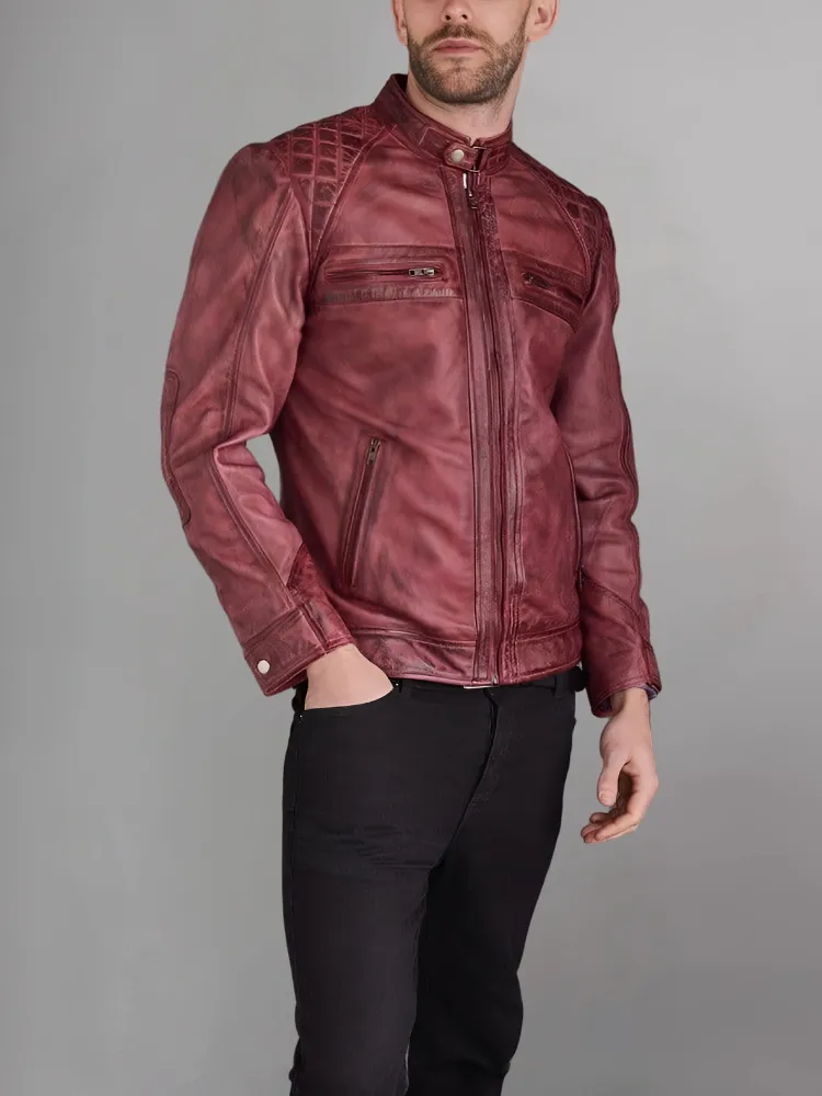 Mens Black and Maroon Quilted Cafe Racer Leather Jacket