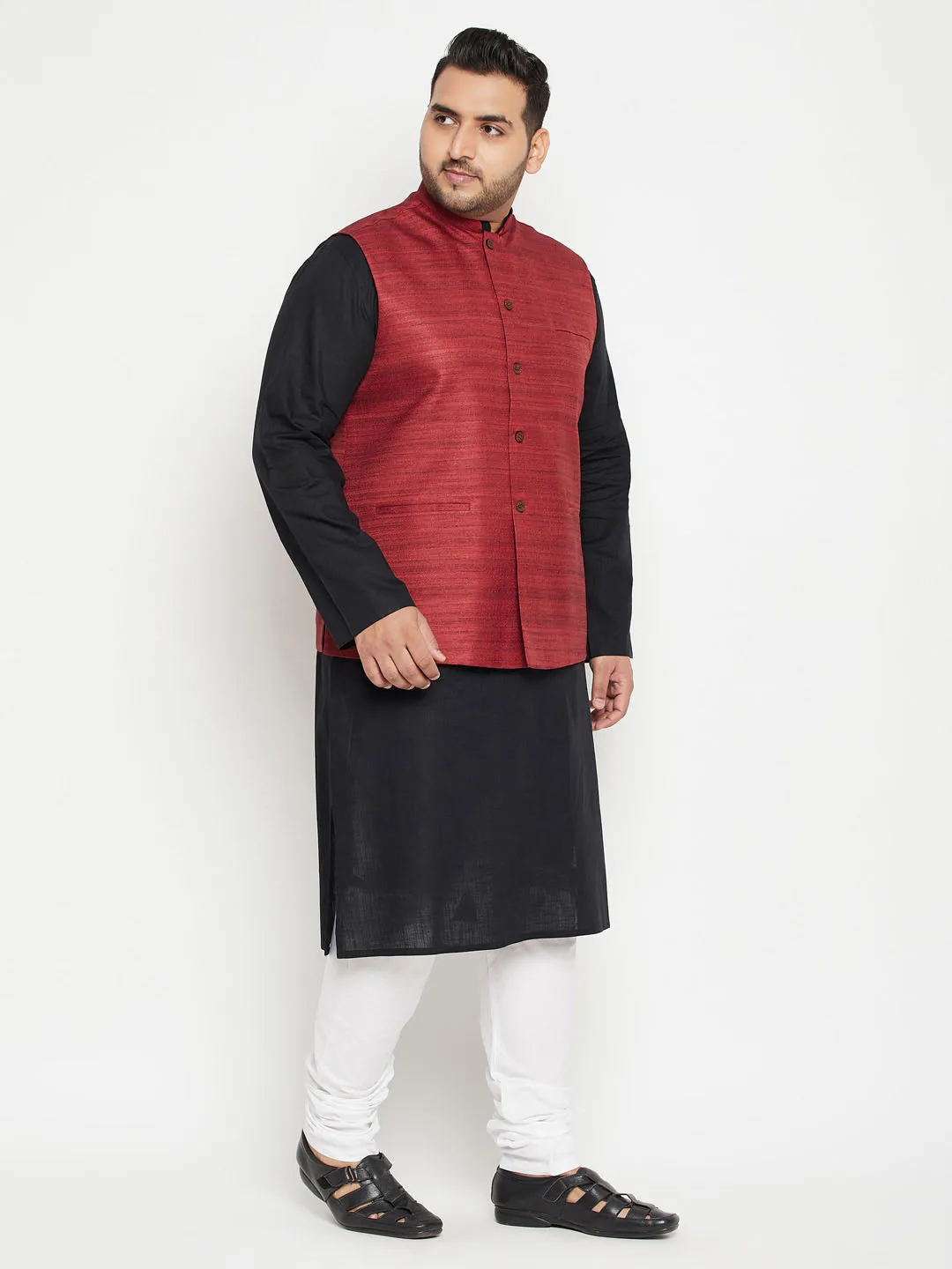 Men's Plus Black, Maroon And White Cotton Blend Jacket Kurta Pyjama Set - Vastramay