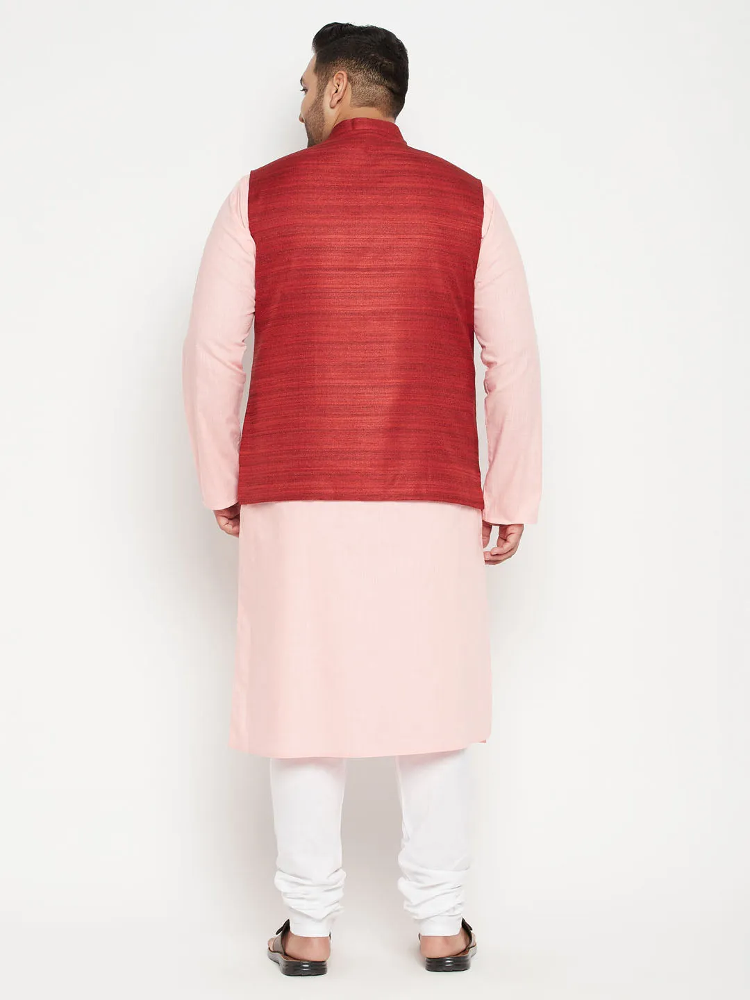 Men's Plus Pink, Maroon And White Cotton Blend Jacket Kurta Pyjama Set - Vastramay