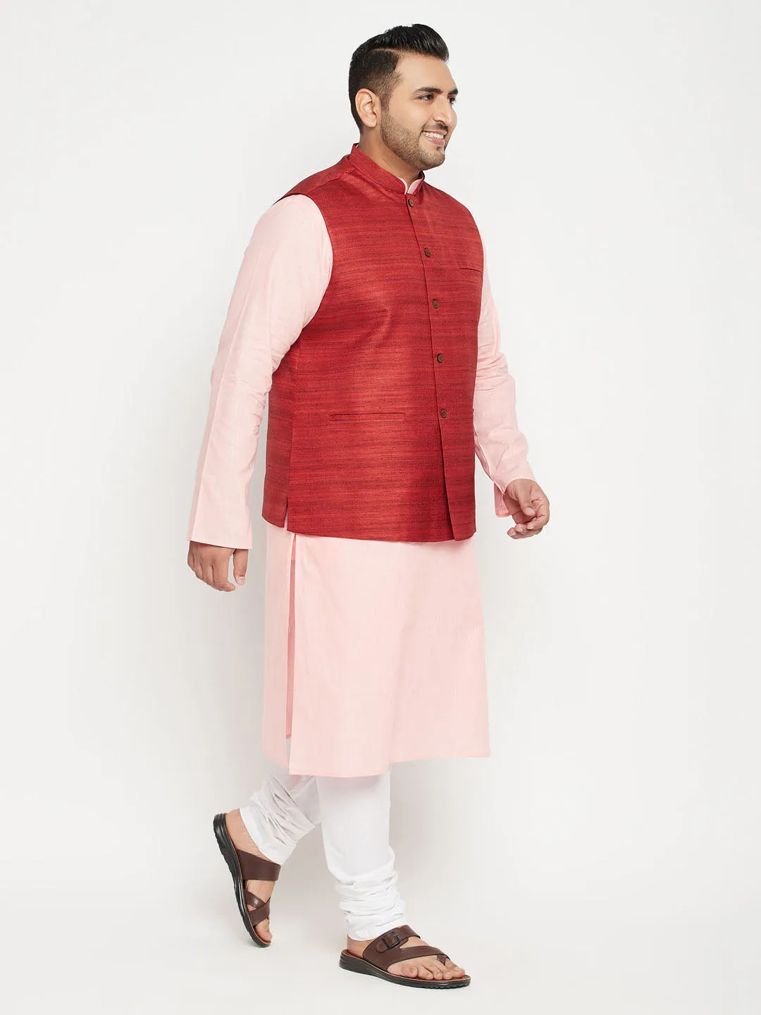 Men's Plus Pink, Maroon And White Cotton Blend Jacket Kurta Pyjama Set - Vastramay